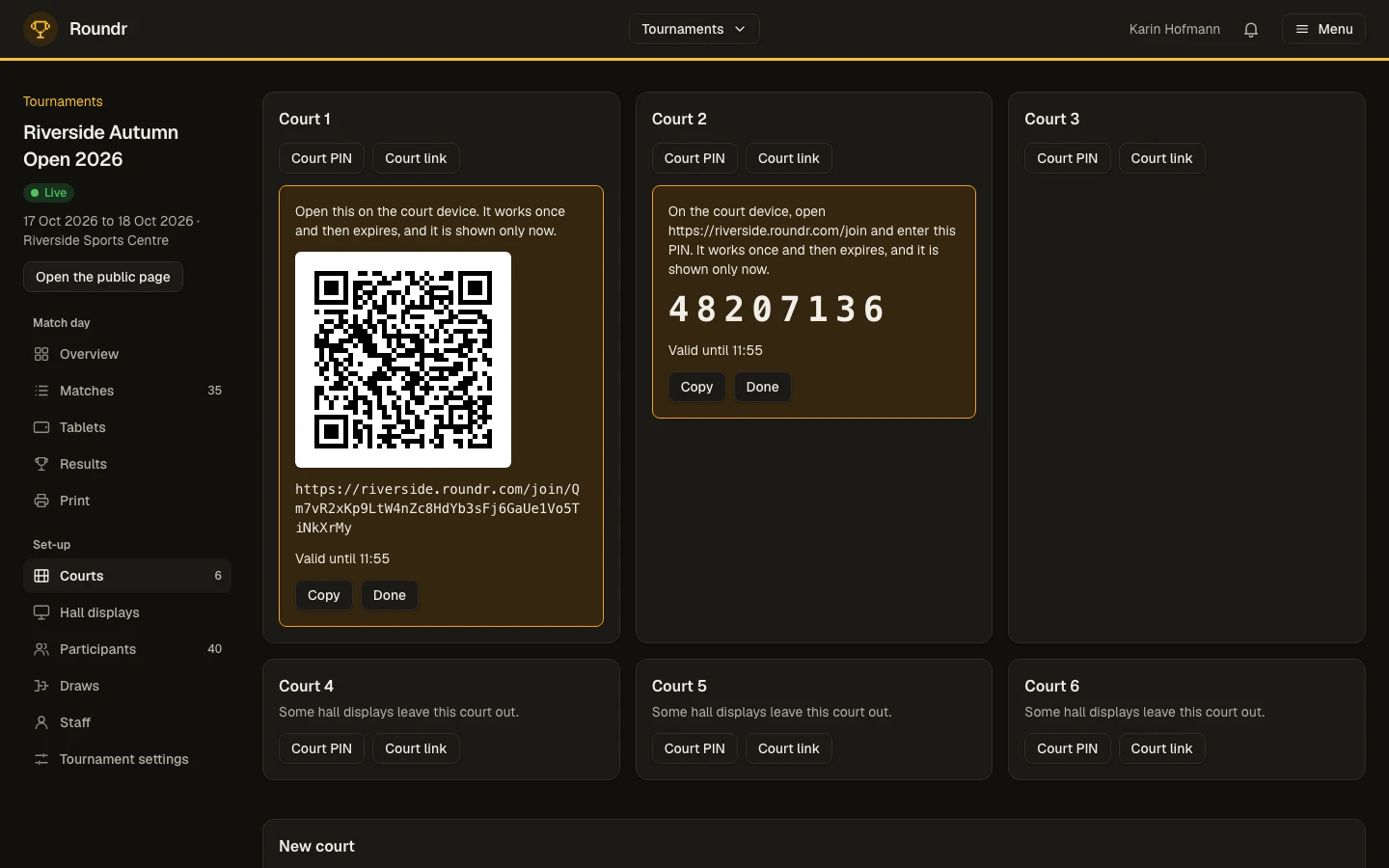 The courts in Control: one court showing the QR code and link for its tablet, another its PIN.