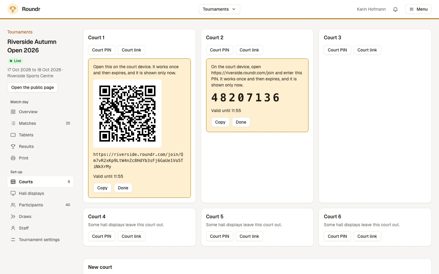 The courts in Control: one court showing the QR code and link for its tablet, another its PIN.