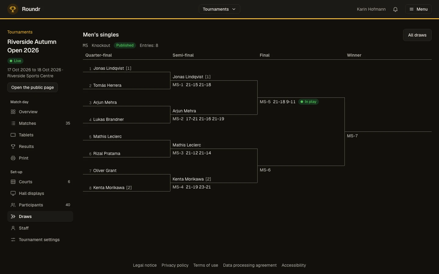 A draw in Control, with the seeds, the byes and the matches of each round.
