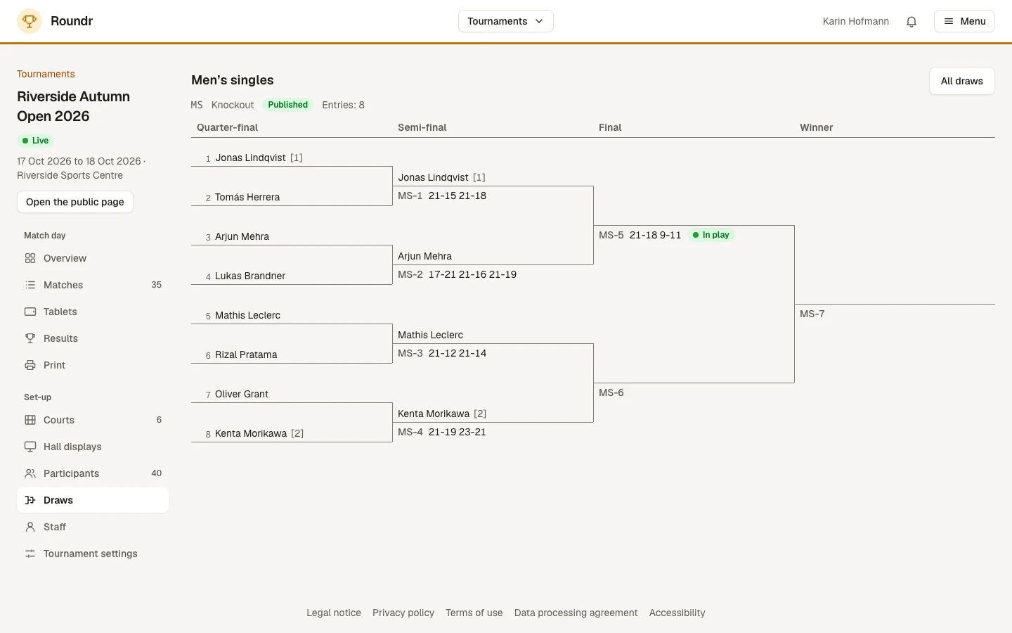 A draw in Control, with the seeds, the byes and the matches of each round.
