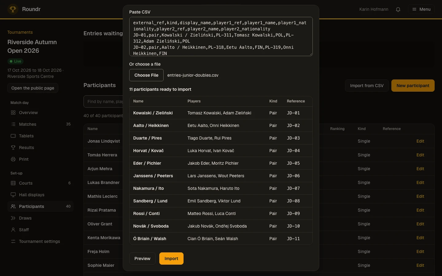 Importing entries in Control: a CSV file chosen and eleven participants ready to import.