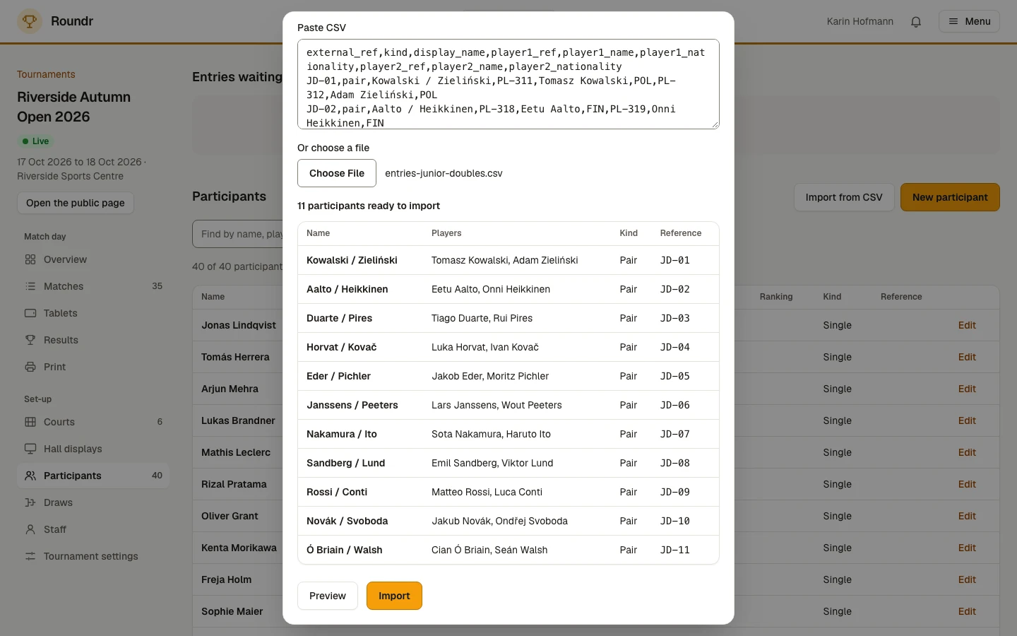 Importing entries in Control: a CSV file chosen and eleven participants ready to import.