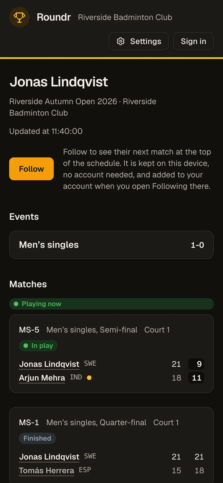 Live on a phone, showing the courts of a tournament with live scores and the finished matches.