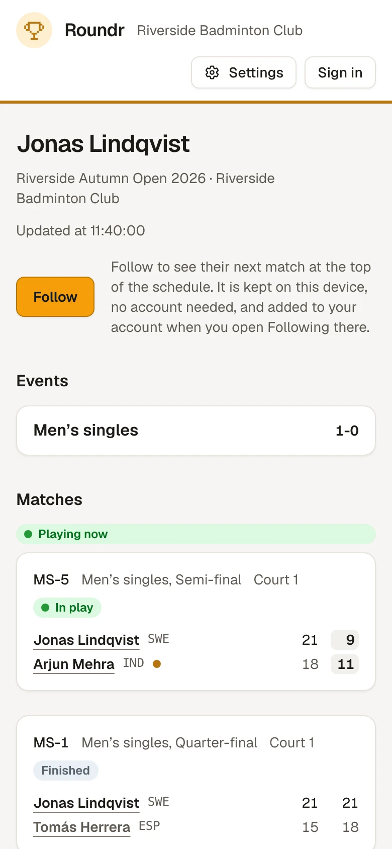 Live on a phone, showing the courts of a tournament with live scores and the finished matches.